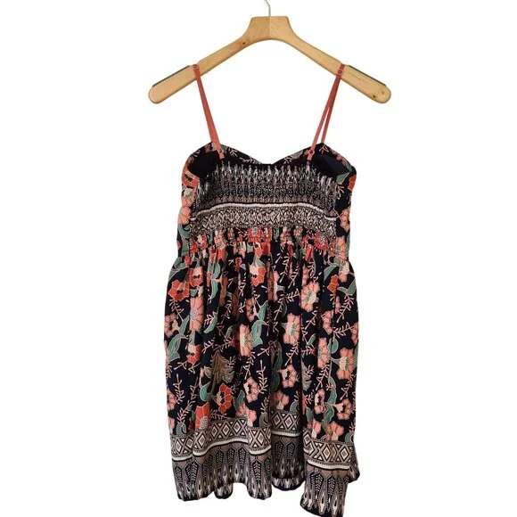 Band Of Gypsies Floral Bustier Mini Dress Navy Coral Boho Cottagecore Cute - Picture 2 of 12